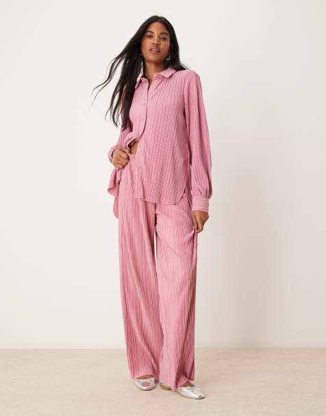 Vila plisse wide leg trouser co-ord in dusty pink