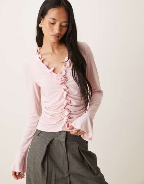Vila ruffle trim long sleeve top in cherry blossom pink