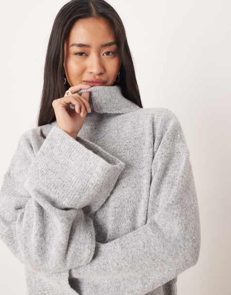 Vila roll neck knitted jumper with cuff detail in light grey melange