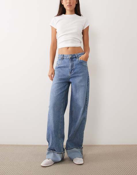 Vila jeans med hög midja, vida ben och uppvikta benslut i mellanblått - view 1