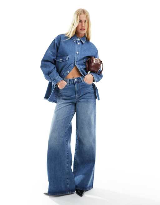 Vila - Jeans met wijde pijpen en hoge taille in medium blauwe wassing, deel van co-ord set