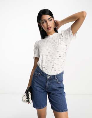 Vila jersey broderie short sleeved top in white