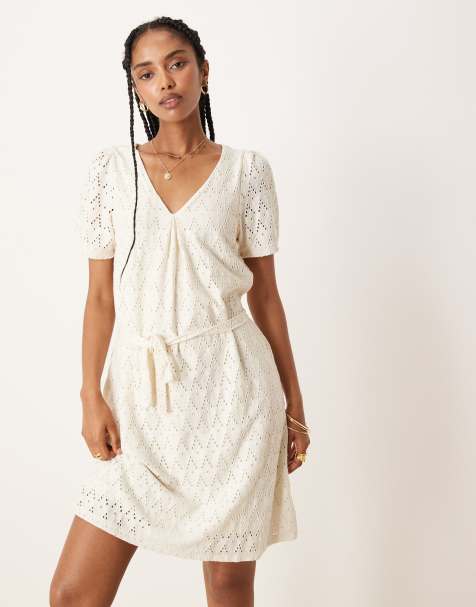 VILA jersey broderie tie waist puff sleeve dress in cream - view 1