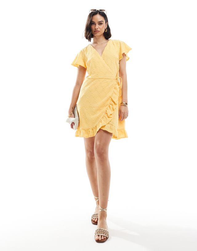 Vila - jersey broderie wrap mini dress in yellow