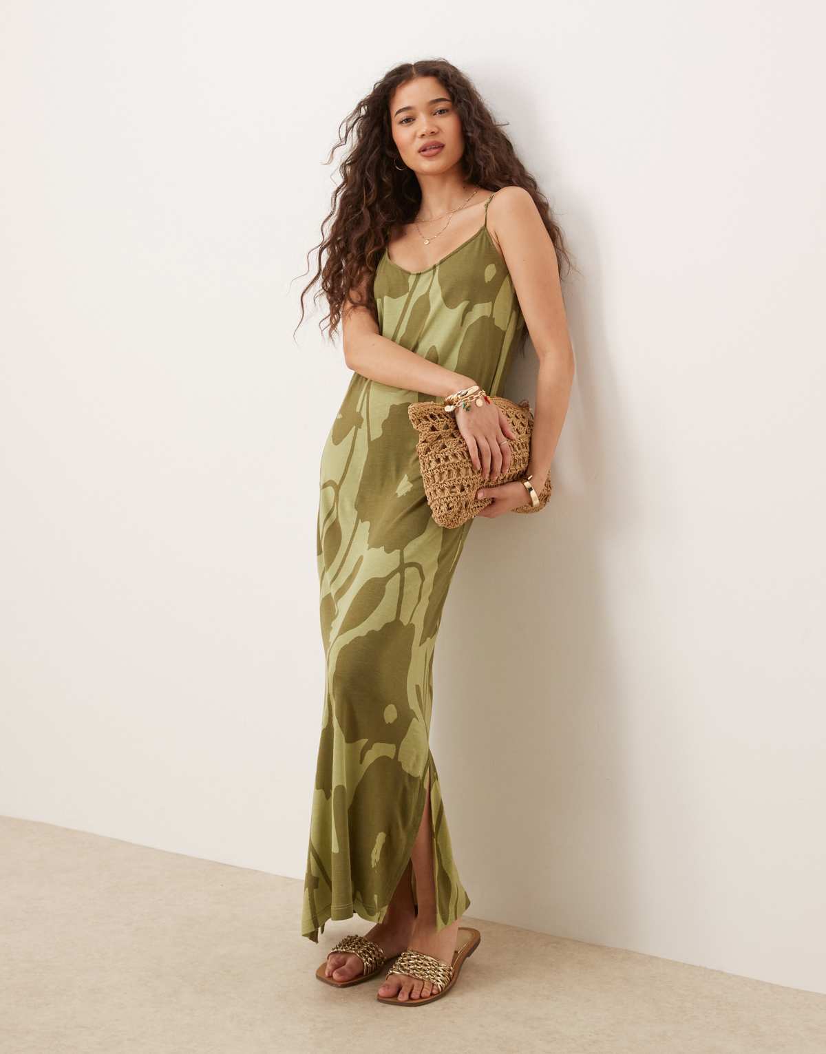 Vila jersey cami midi dress in sage green flower print