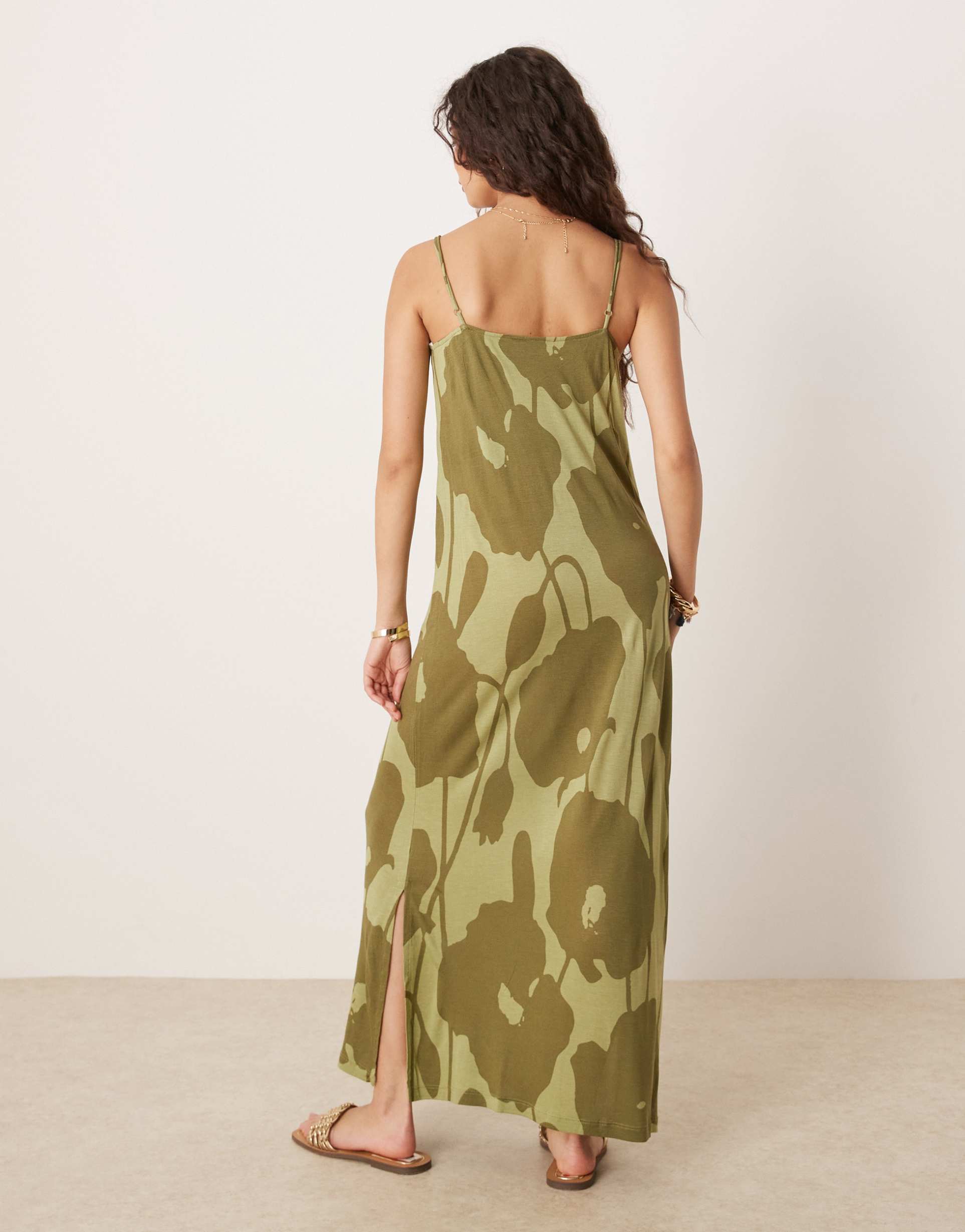 vila jersey cami midi dress in sage green flower print