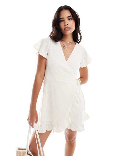 Vila jersey eyelet wrap mini dress in cream | ASOS