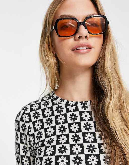 Vila jersey long sleeved top co-ord in black and white retro floral checkerboard, 3 of 4