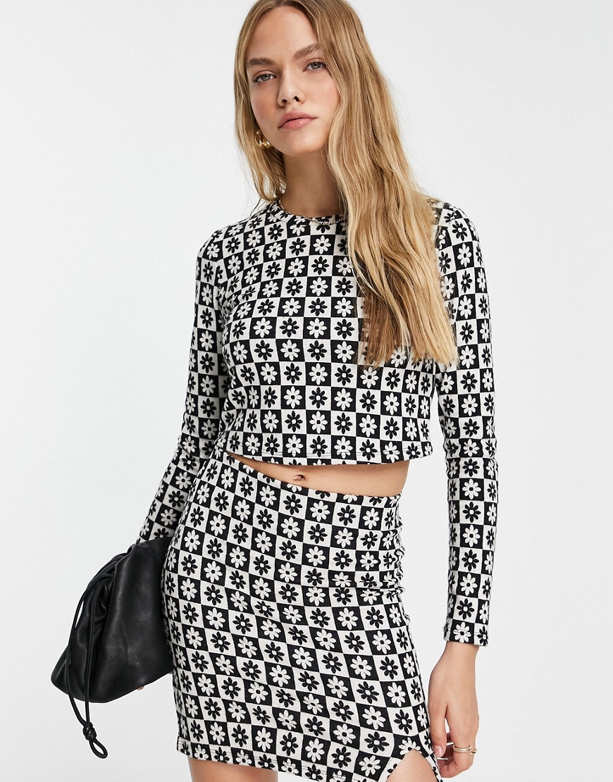 Vila jersey long sleeved top in black and white retro floral checkerboard - part of a set-Multi
