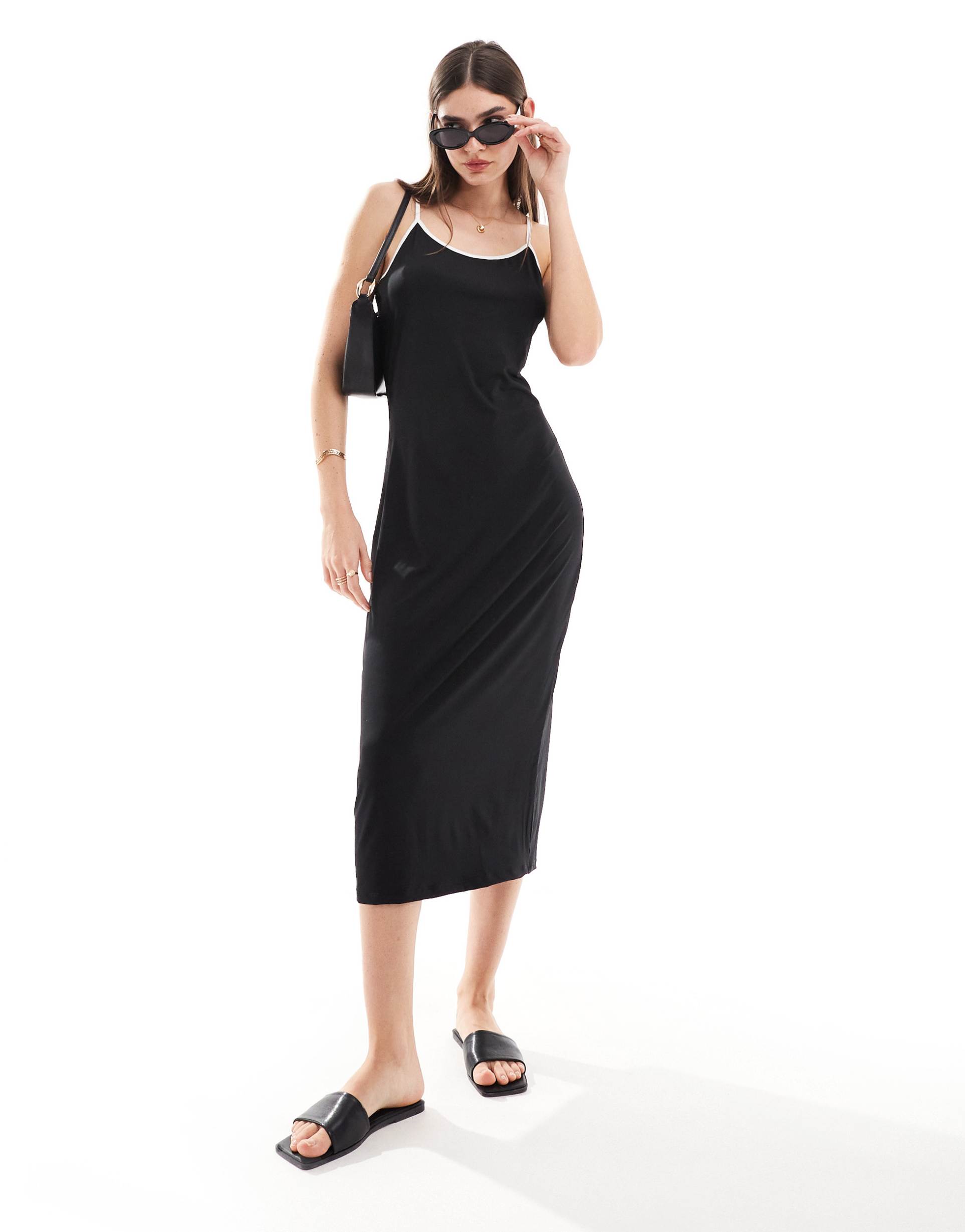 vila jersey midi cami dress in black with contrast white tipping