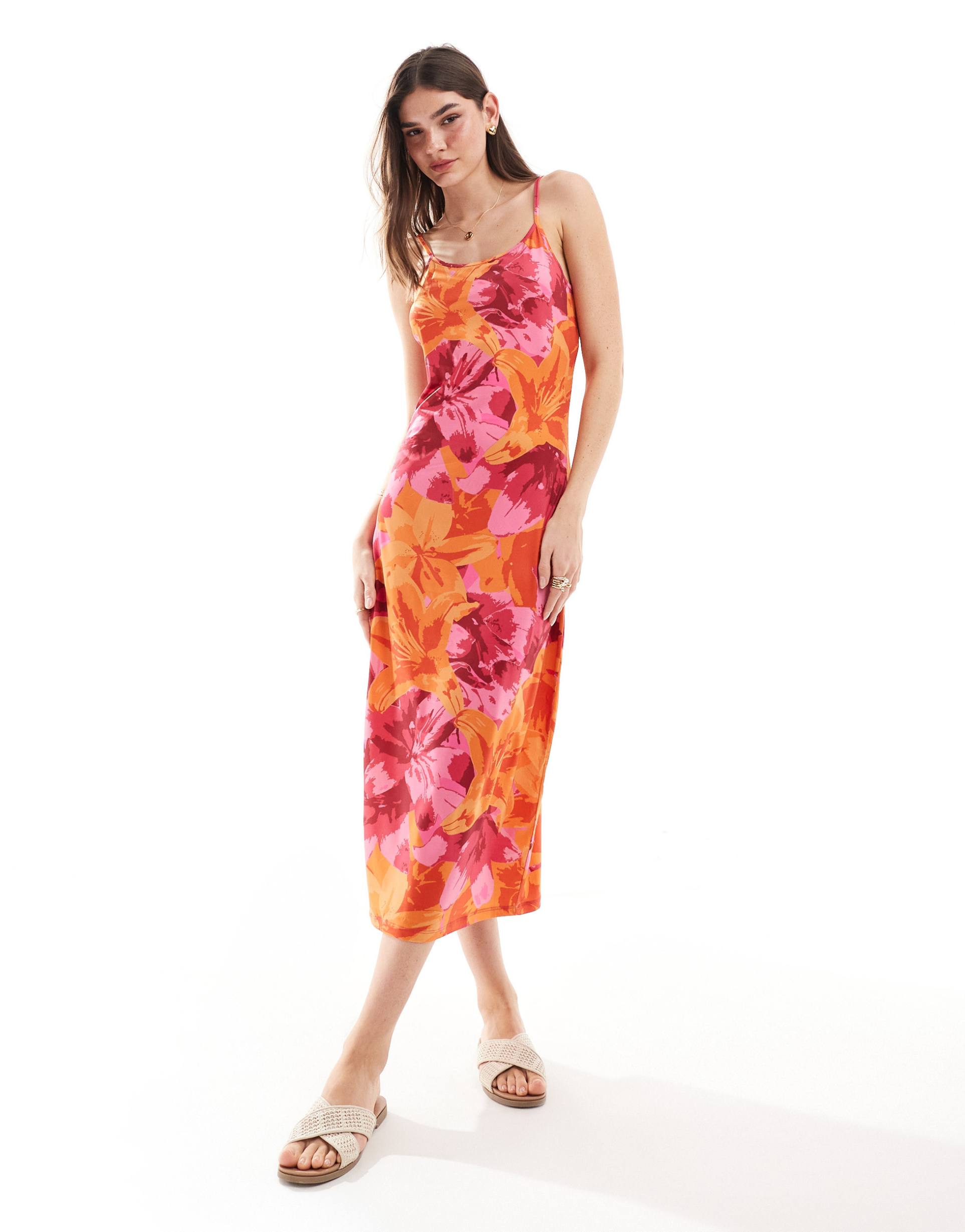 vila jersey midi cami dress in oversized orange and pink floral