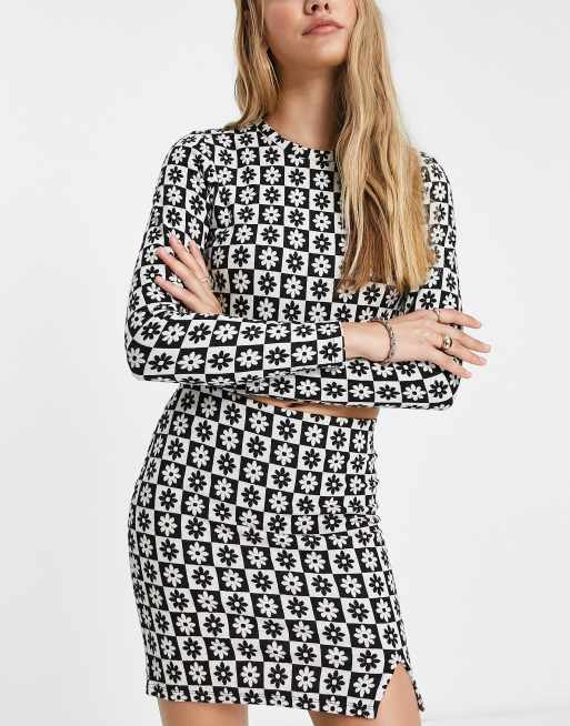 Vila jersey mini skirt in black and white retro floral checkerboard - part of a set
