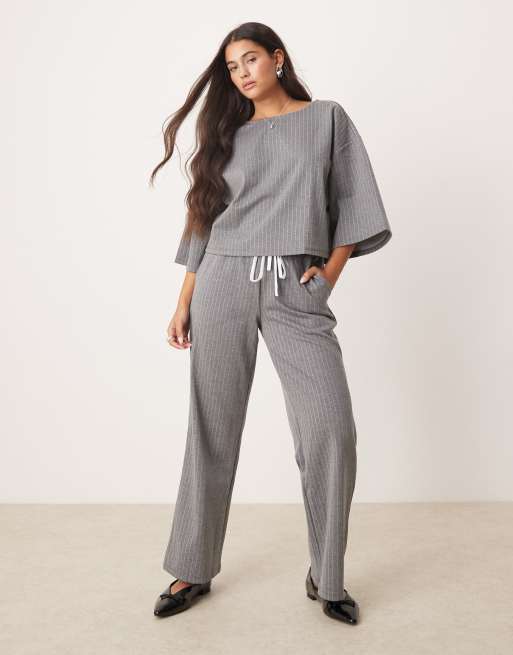 VILA jersey tailored boxy top and wide leg pants set in grey pinstripe - view 1