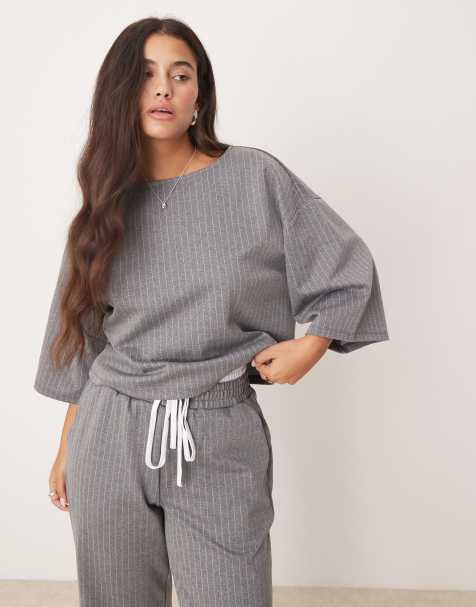 Vila jersey tailored boxy top co-ord in grey pinstripe - view 1