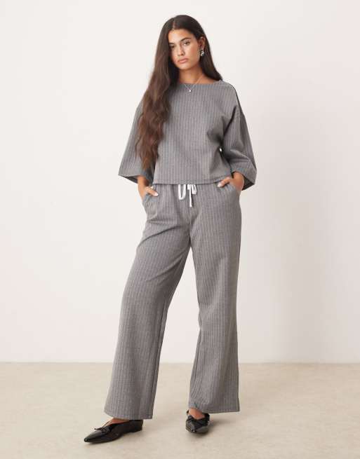 VILA jersey tailored wide leg pants with double waistband detail in grey pinstripe (part of a set)