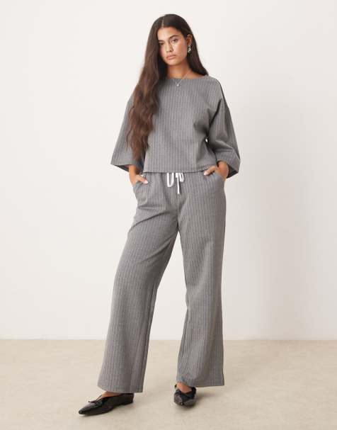 Vila jersey tailored wide leg trouser co-ord with double waistband detail in grey pinstripe - view 1