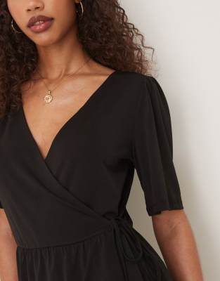 Vila Jersey Wrap Front Tie Side Mini Dress In Black