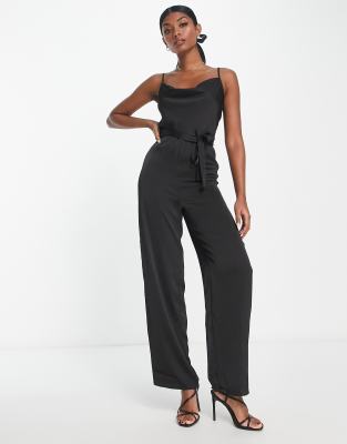 Vila - Jumpsuit aus Satin in Schwarz mit weitem Bein