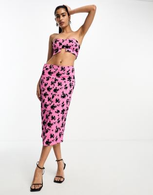 Vila midi pencil skirt co-ord in pink floral jacquard  - ASOS Price Checker