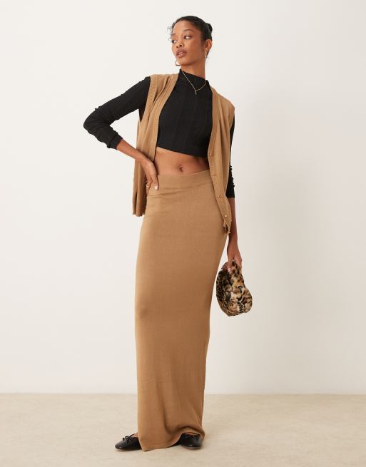 Vila Jupe d ensemble longue en maille Camel ASOS