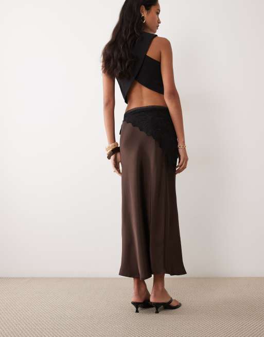 Vila jupe longue en satin avec écharpe de taille amovible marron chocolat, 5 de 5