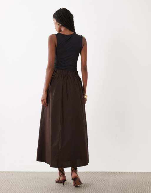 Vila - Jupe mi-longue en coton - Marron chocolat, 4 de 5