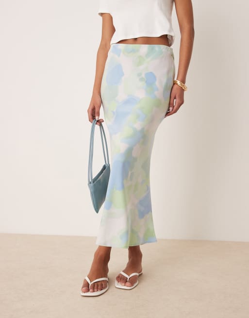 Vila - Jupe mi-longue en satin imprimé marbré - Bleu/vert, 5 de 5