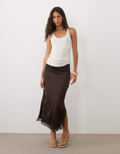 Vila jupe midi en satin avec finition dentelle marron chocolat - view 1