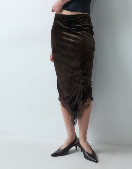Vila jupe midi en velours à ourlet asymétrique avec bordure en dentelle, ensemble coordonné, brun chocolat, 3 de 5