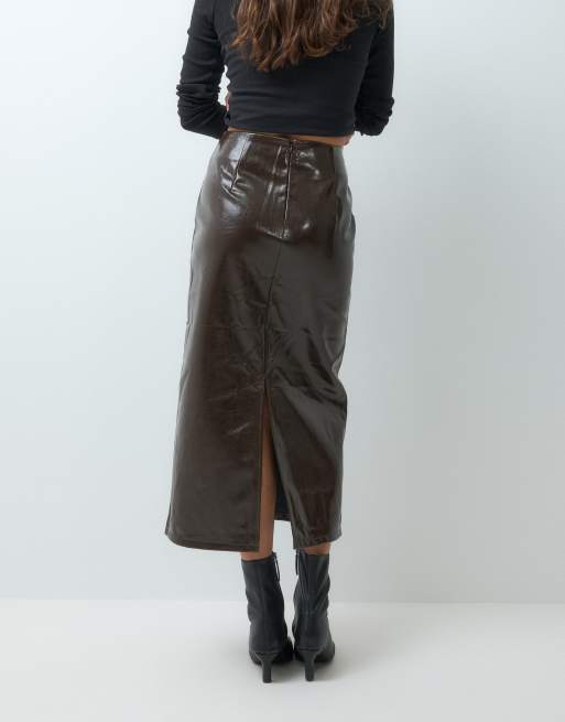 Vila jupe midi enduite marron chocolat, 5 de 5