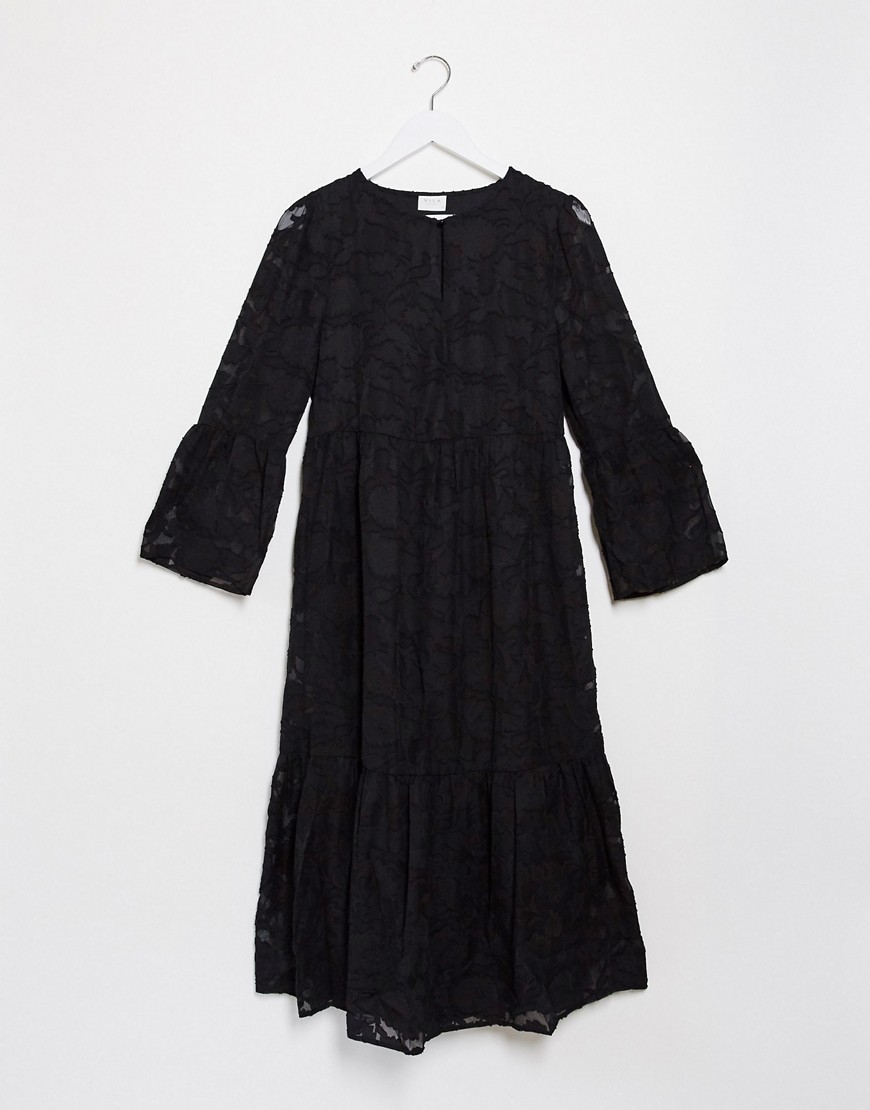 Vila - Kanten midi-jurk met peplum in zwart