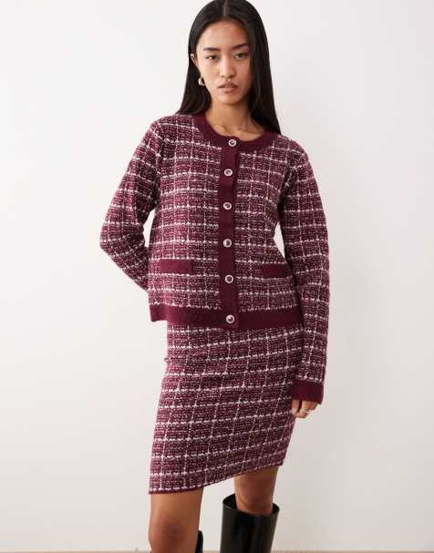 Vila boucle check cardigan co-ord in burgundy