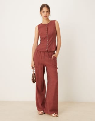 VILA - Karierte Hose in Burnt Henna mit weitem Bein, Kombiteil-Rot