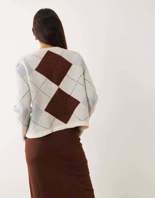 VILA – Karierte Strickjacke in Burgunderrot und Pastellfarben mit Rautenmuster, 3 von 4