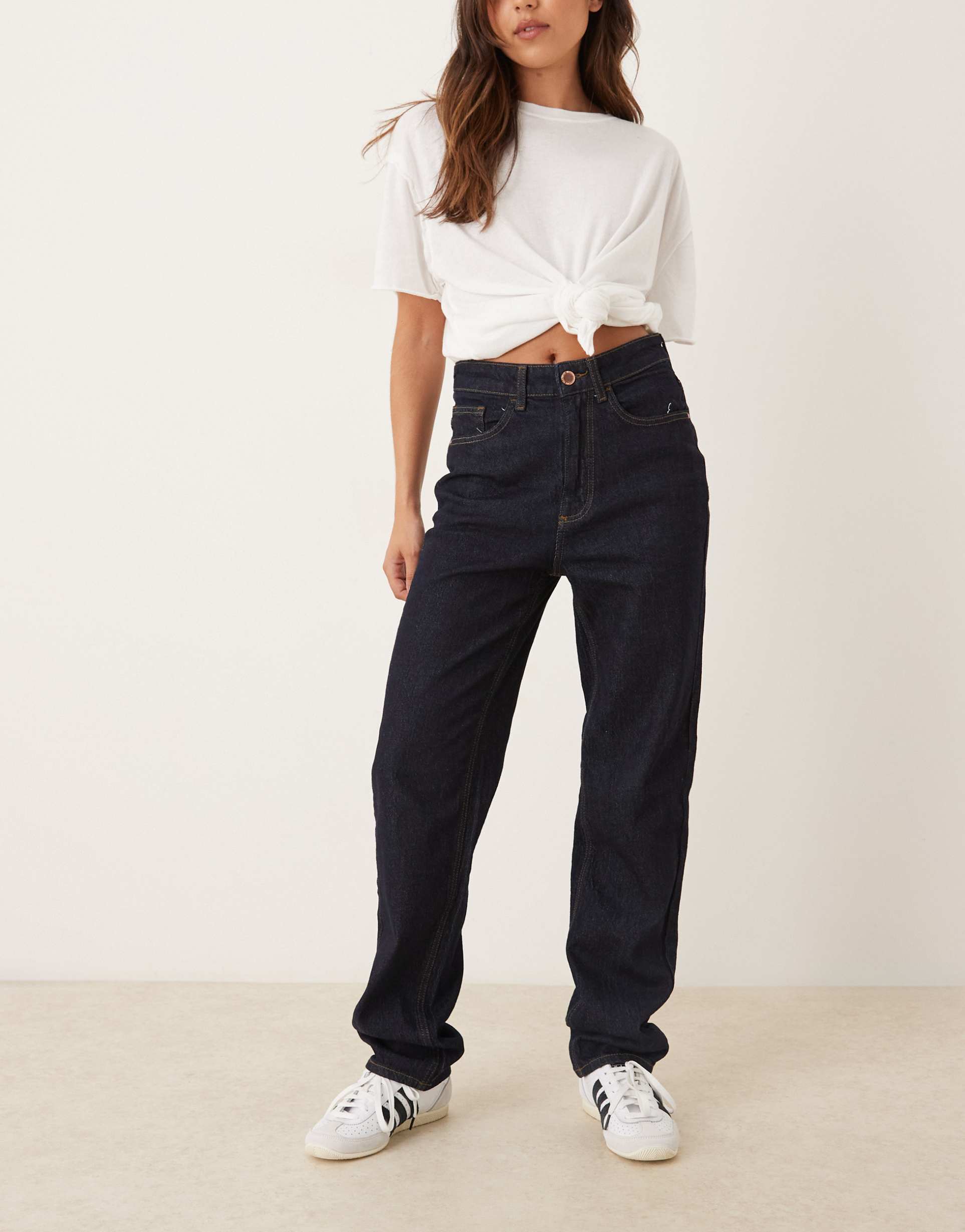 vila kelly high waist straight leg jeans in dark indigo blue