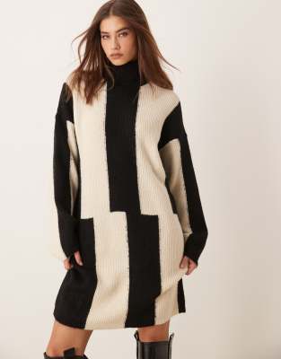 knit high neck mini dress in abstract print-Black