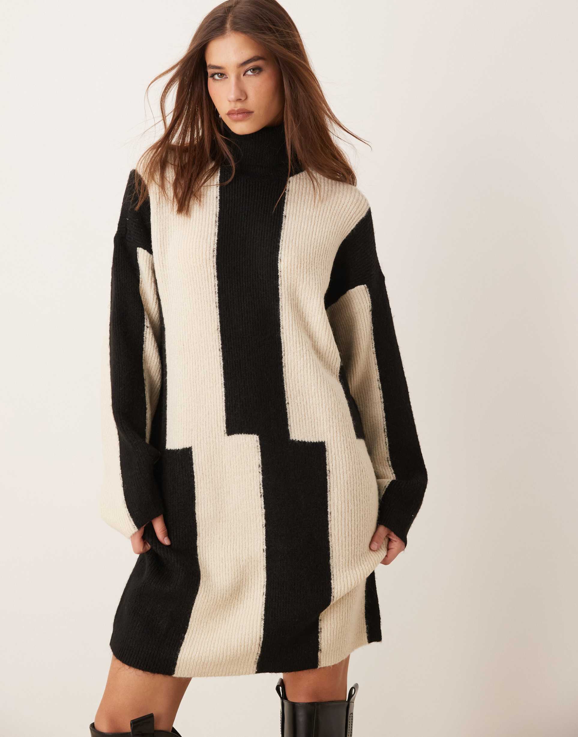 vila knit high neck mini dress in abstract print