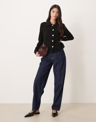 Vila Knit Polo With Gold Button Details In Black