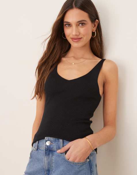 VILA knit ribbed v neck tank top in black - view 1