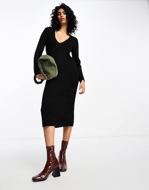 Long-Sleeve V-Neck Midi Sweater Dress, Regular