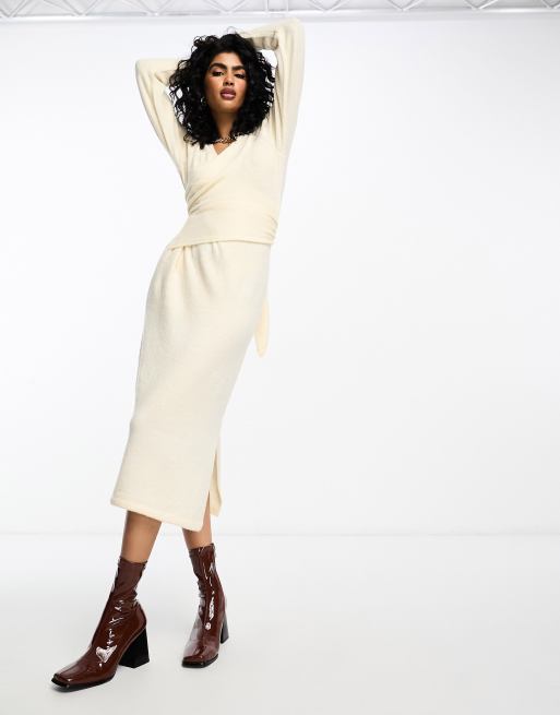 Vila knit wrap midi dress in cream