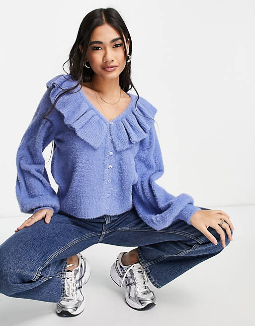 Vila knitted frill cardigan in blue