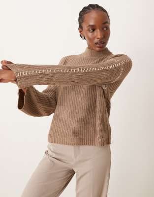 Vila knitted high neck jumper with contrast stitch detail in camel-Neutral