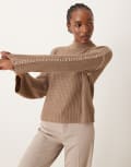 [Vila] VILA knitted high neck jumper with contrast stitch detail in camel-Neutral L BROWN LENTIL