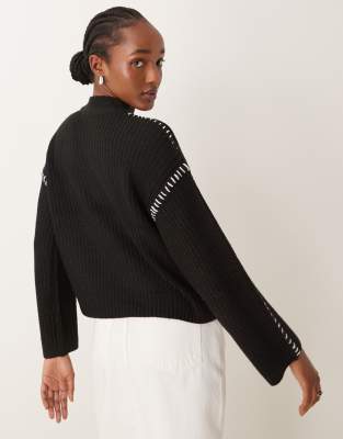 Vila Knitted High Neck Sweater With Contrast Stitch Detail In Black
