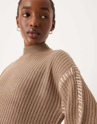 Vila Knitted High Neck Sweater With Contrast Stitch Detail In Brown
