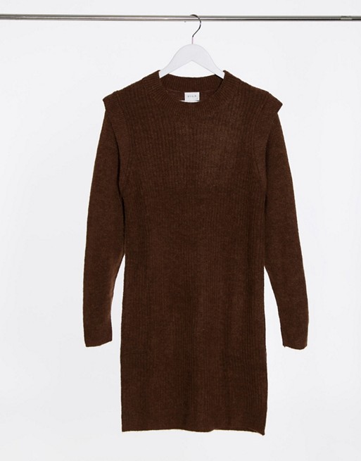 Vila knitted jumper dress with shoulder detail in brown