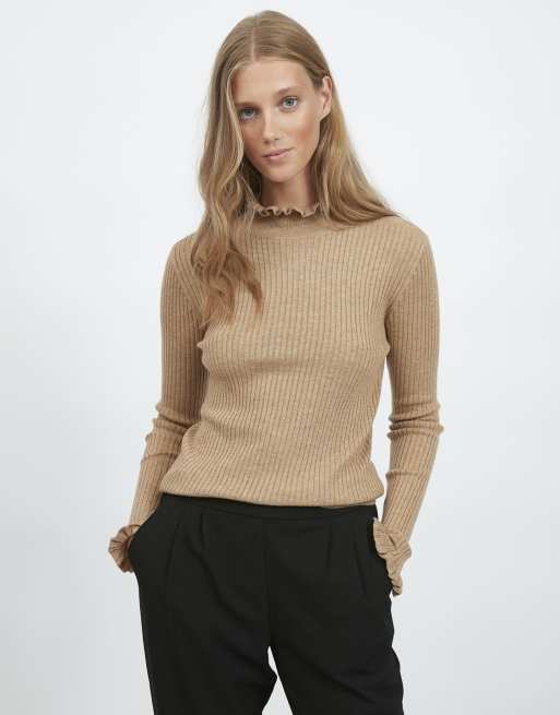 Vila knitted jumper with high neck and frill detail in beige