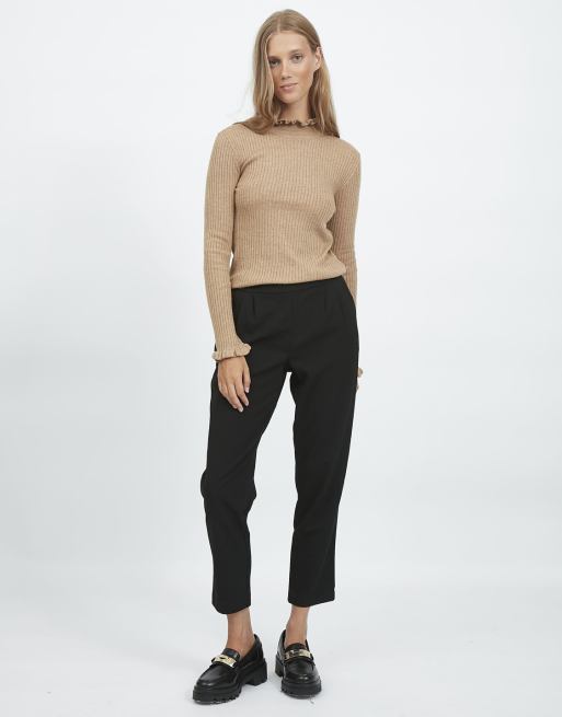 Vila knitted jumper with high neck and frill detail in beige