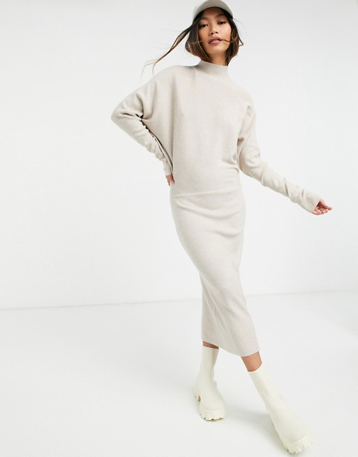 Vila knitted midi dress with high neck and long sleeves in cream